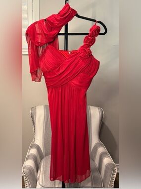 One-Shoulder Red Grecian Evening Gown